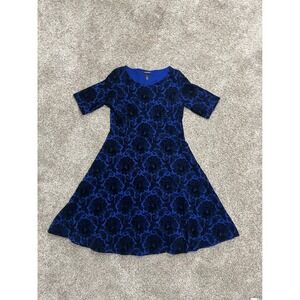 Lands End Womens Blue Black Velvet Flocked Floral Paisley Dress Medium 10-12 M